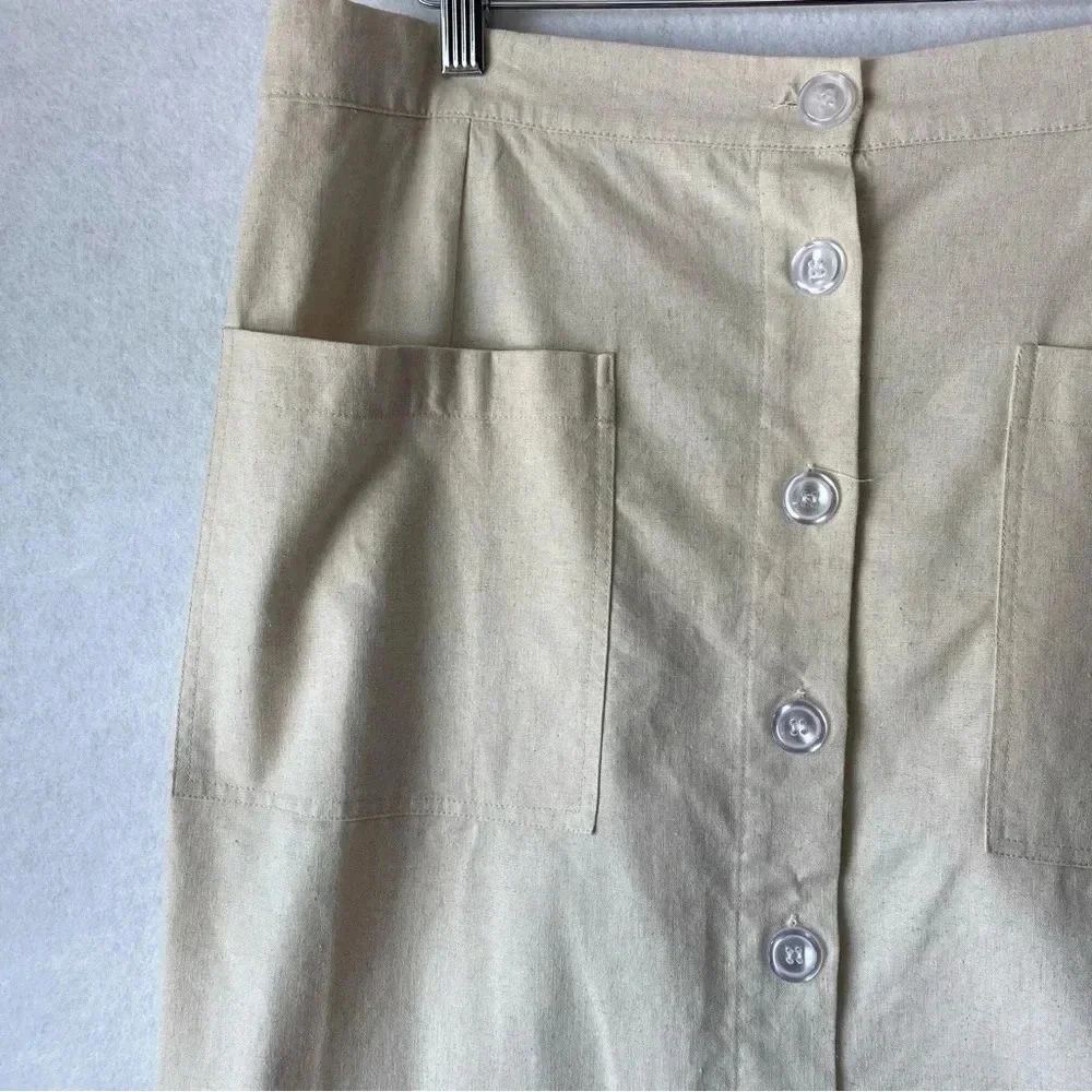 ODDY Button‎ Front Cotton Linen Elastic Wasit Pockets Casual Skirt Size 2XL